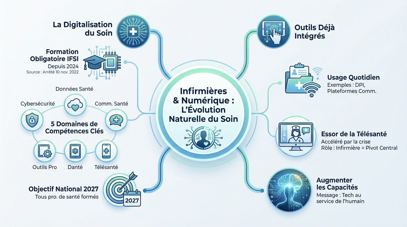 Infirmière utilisant une tablette numérique pour le suivi patient, illustrant l'évolution naturelle du soin vers le digital