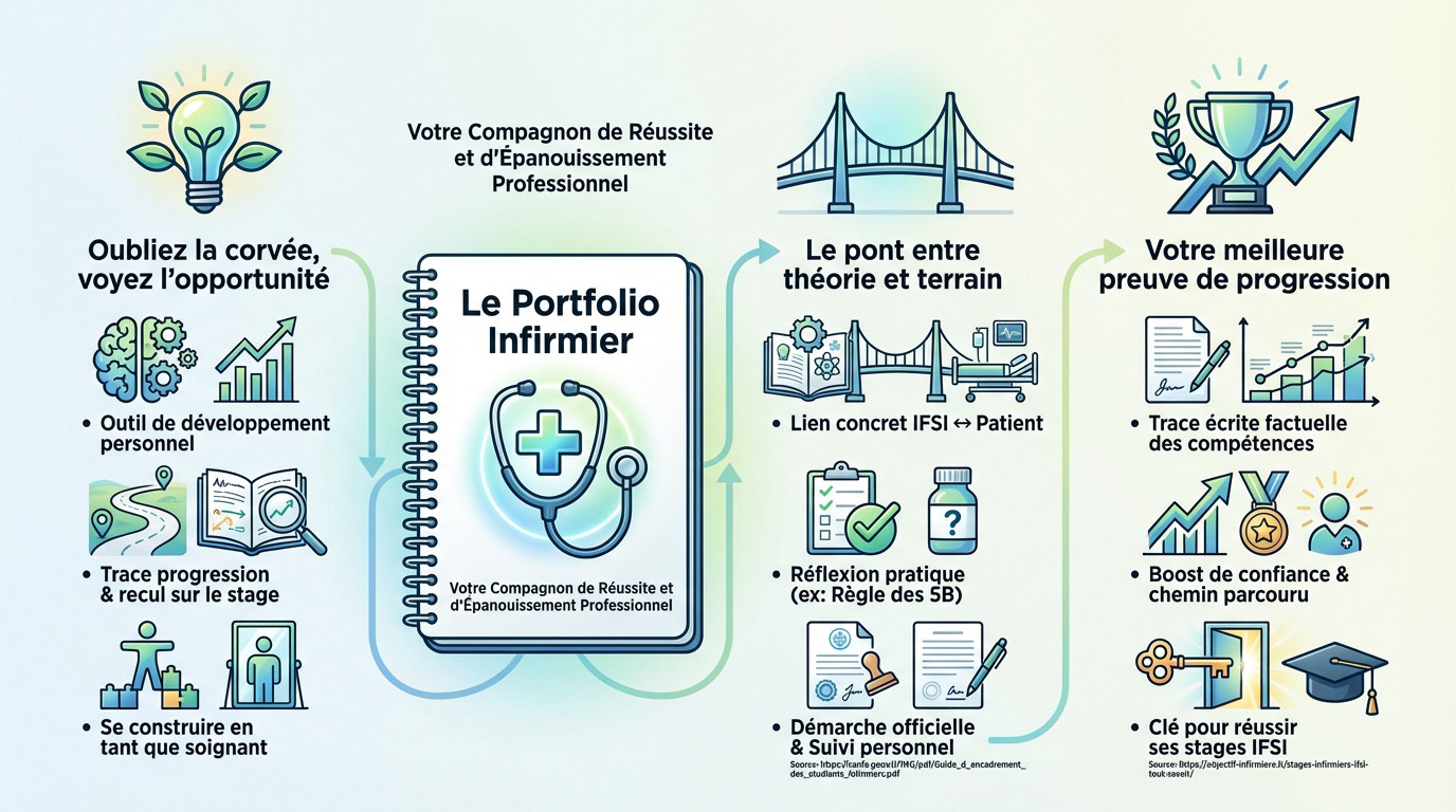 Infirmière remplissant son portfolio de stage avec réflexion et analyse