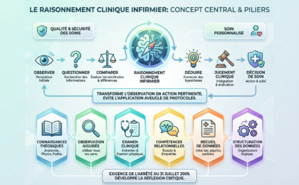 Infographie sur le Raisonnement Clinique Infirmier. Processus (Observer à Décision de Soin), 6 piliers. Bénéfices: Qualité, Soin personnalisé.