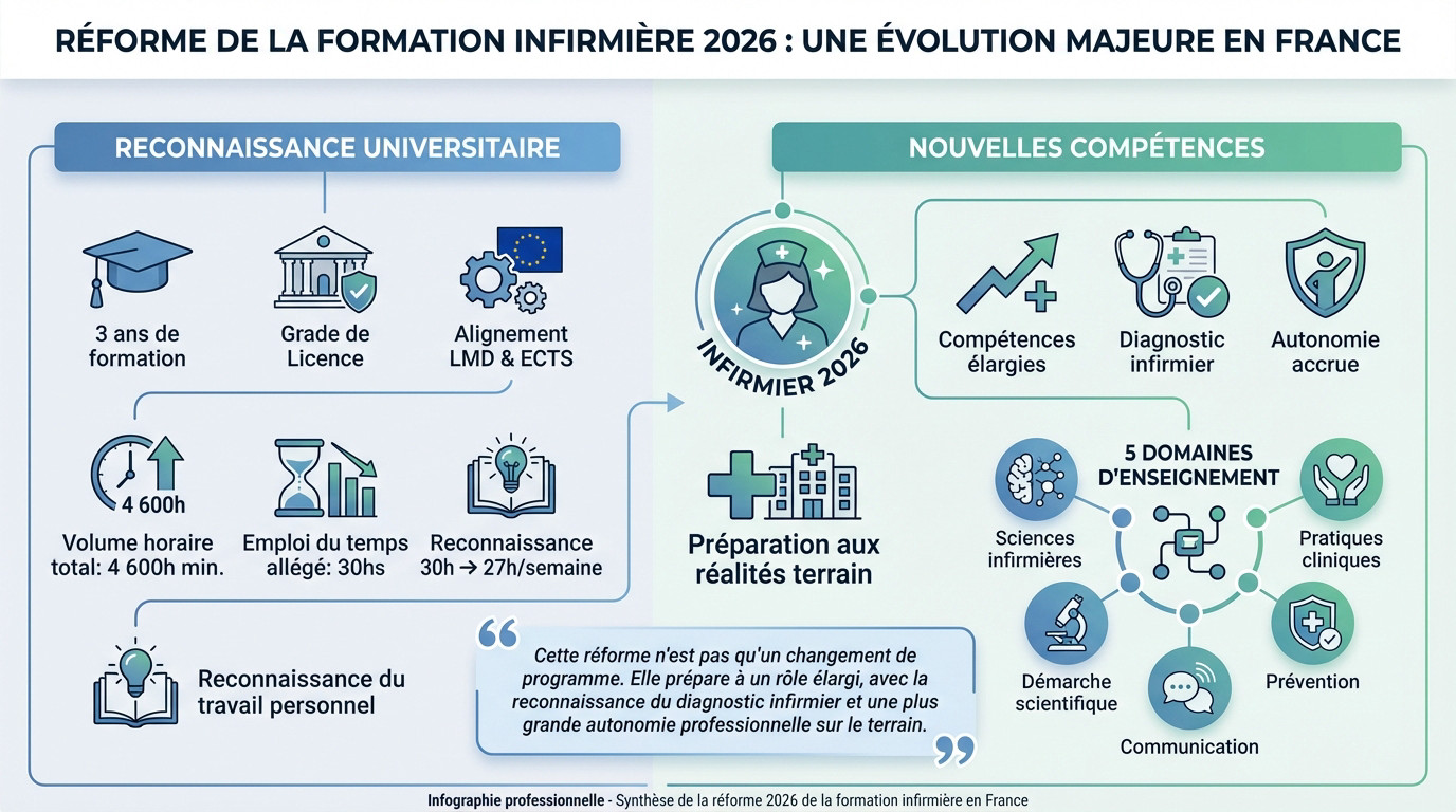 Infirmière étudiant le nouveau programme de formation 2026 avec des documents médicaux