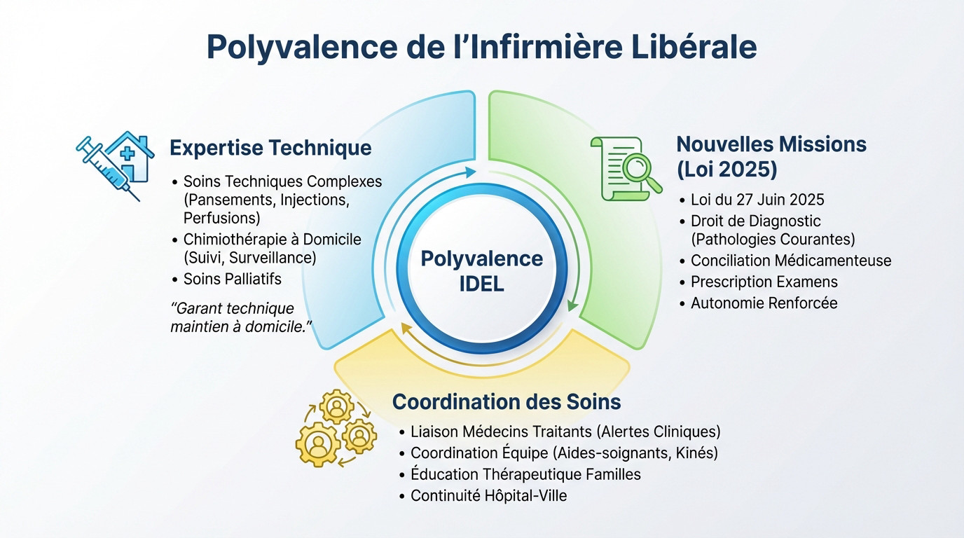 Infirmière libérale réalisant des soins techniques et relationnels au domicile d'un patient
