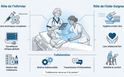 Infographie détaillant les rôles de l'infirmière (soins techniques, surveillance) et de l'aide-soignante (hygiène, confort), et leur collaboration.