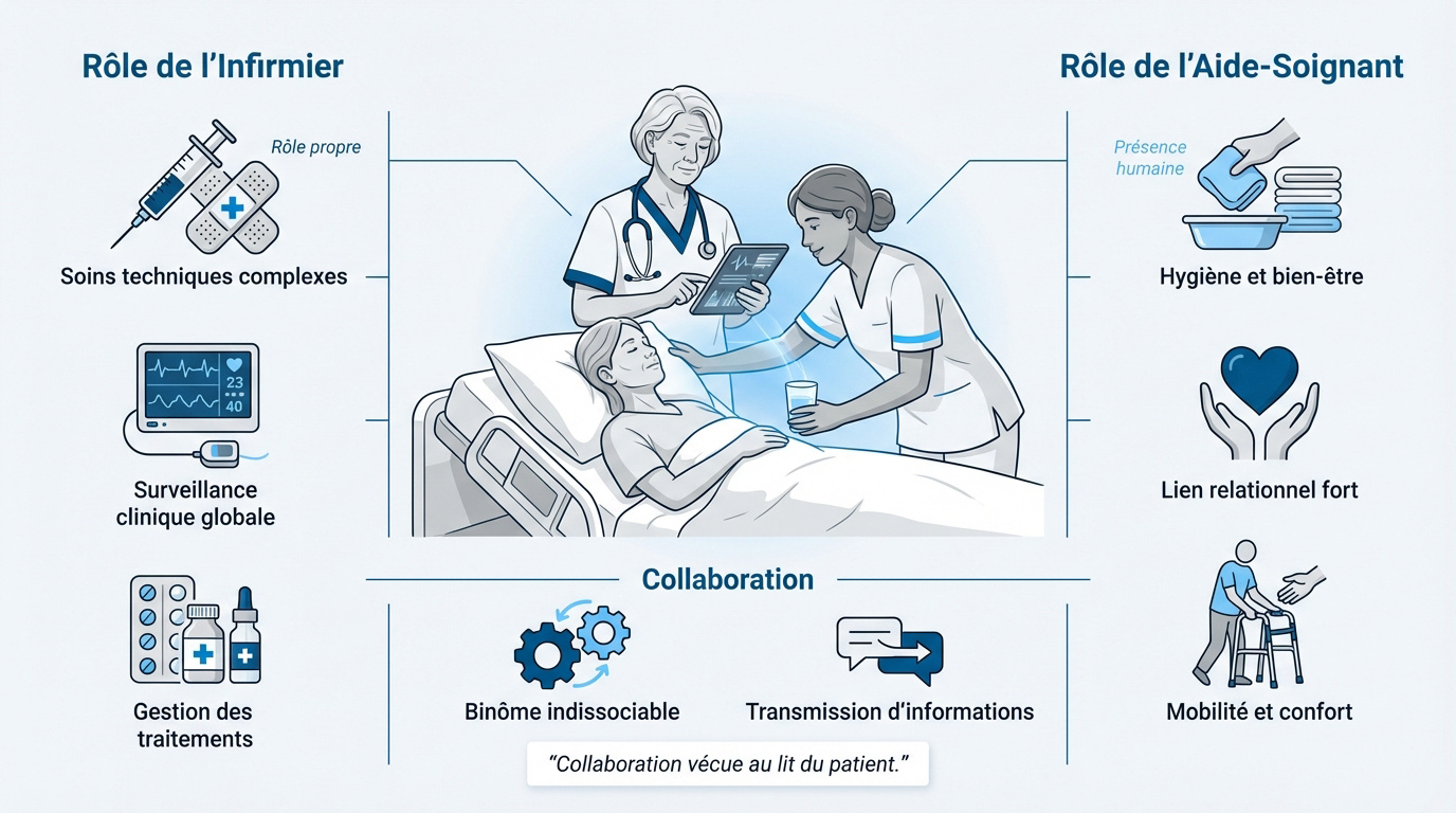Collaboration entre une infirmière et une aide-soignante auprès d'un patient